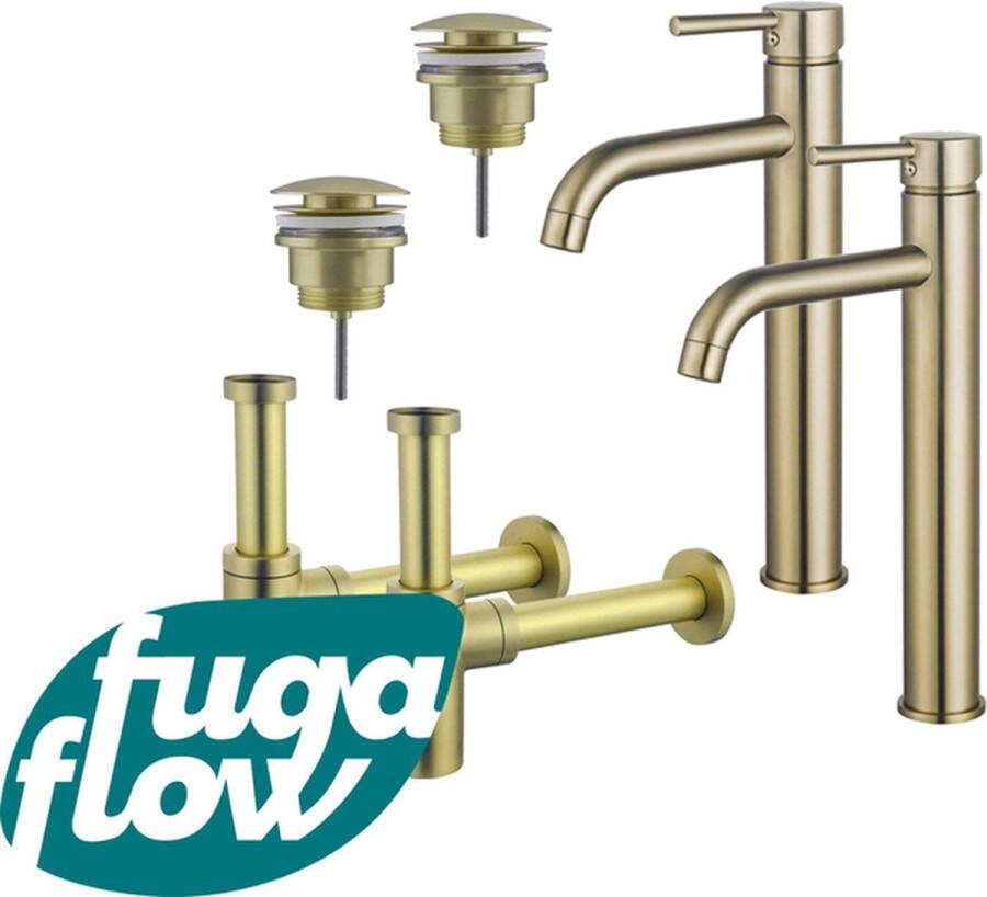 FugaFlow Eccelente Sobrado Badkamer Wastafelkraanset voor dubbele wastafel verhoogde wastafelkraan klikwaste plug design sifon PVD Geborsteld Messing