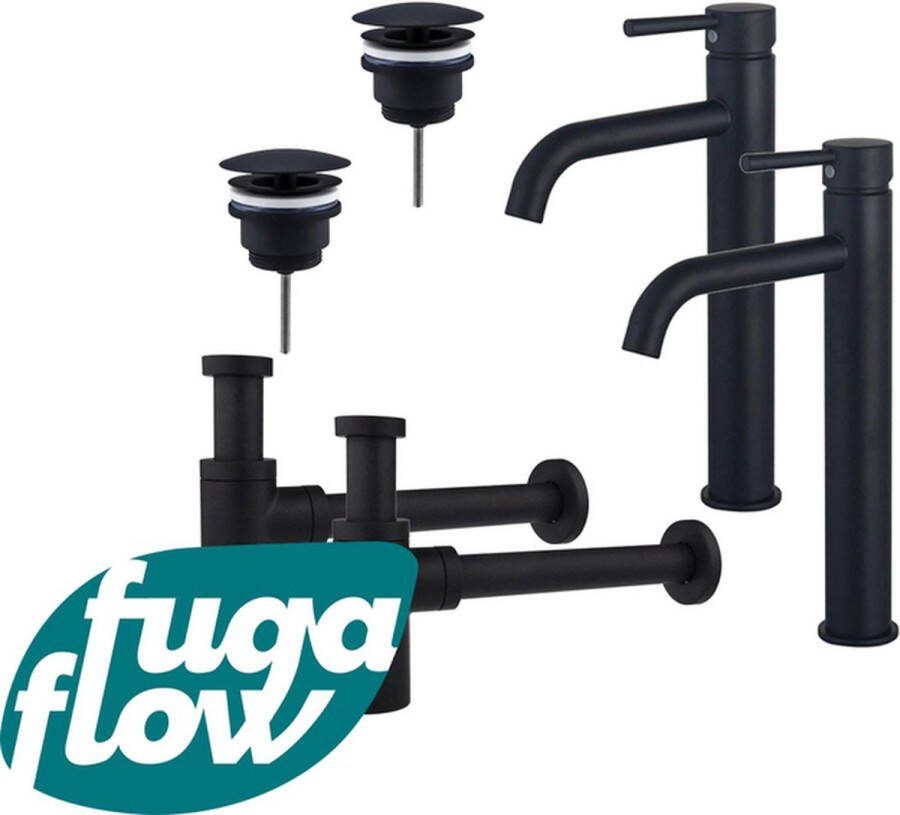 FugaFlow Eccelente Sobrado Badkamer Wastafelkraanset voor dubbele wastafel verhoogde wastafelkraan always open plug design sifon Mat zwart