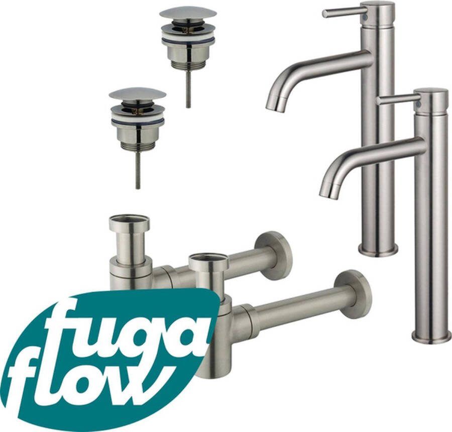 FugaFlow Eccelente Sobrado Badkamer Wastafelkraanset voor dubbele wastafel verhoogde wastafelkraan klikwaste plug verlaagde design sifon PVD Geborsteld RVS