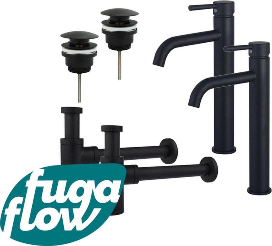 FugaFlow Eccelente Sobrado Badkamer Wastafelkraanset voor dubbele wastafel verhoogde wastafelkraan klikwaste plug design sifon Mat zwart