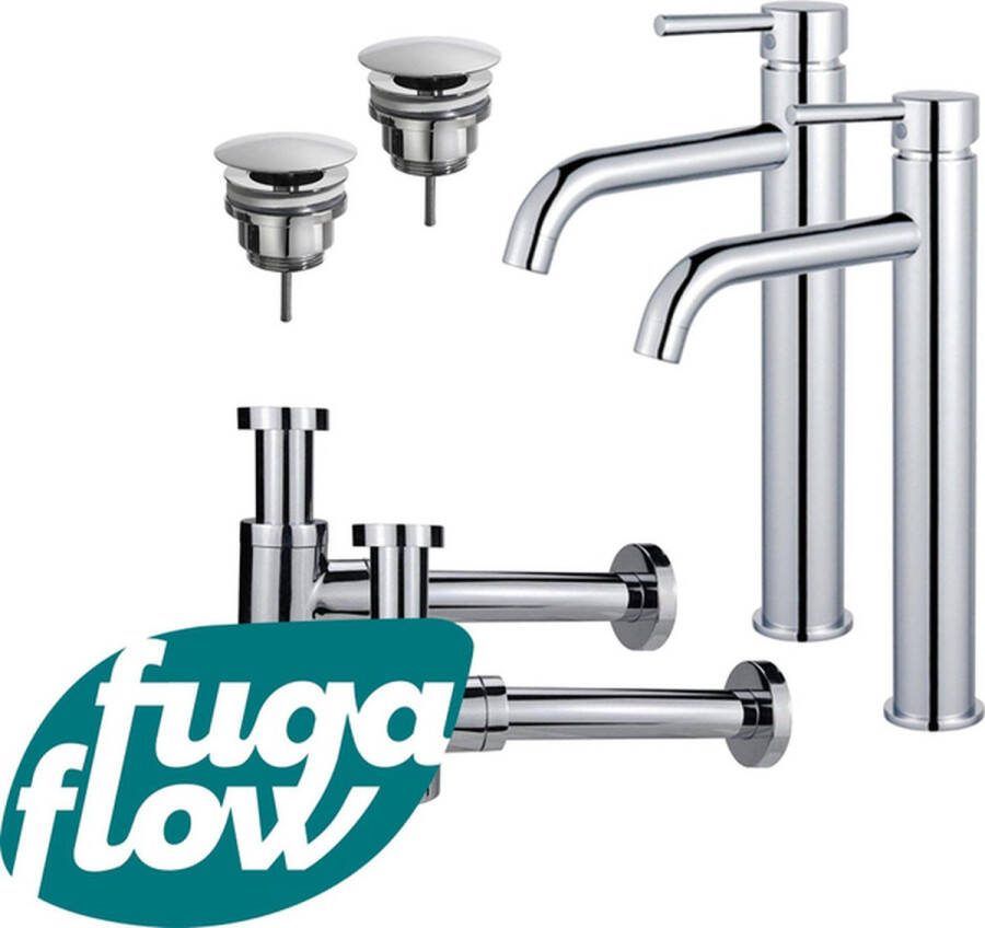 FugaFlow Eccelente Sobrado Badkamer Wastafelkraanset voor dubbele wastafel verhoogde wastafelkraan always open plug verlaagde design sifon Chroom