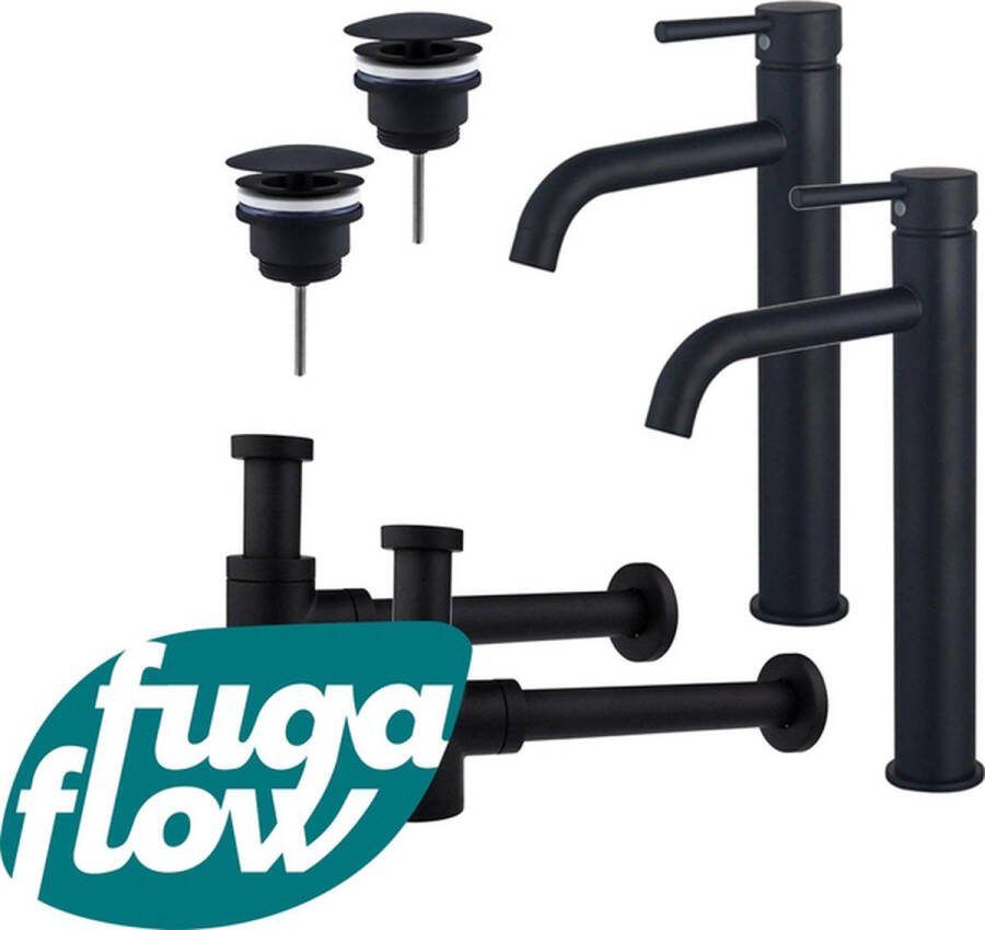 FugaFlow Eccelente Sobrado Badkamer Wastafelkraanset voor dubbele wastafel verhoogde wastafelkraan always open plug verlaagde design sifon Mat zwart