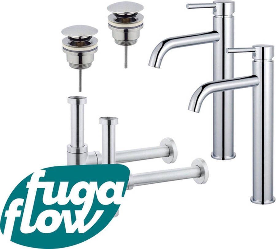 FugaFlow Eccelente Sobrado Badkamer Wastafelkraanset voor dubbele wastafel verhoogde wastafelkraan klikwaste plug design sifon Chroom