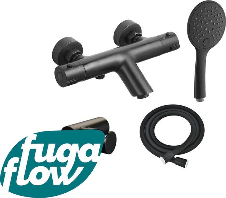 FugaFlow Efficiente Sobrado thermostatische bad- douchekraan met handdouchehouder doucheslang en 3-standen handdouche mat zwart