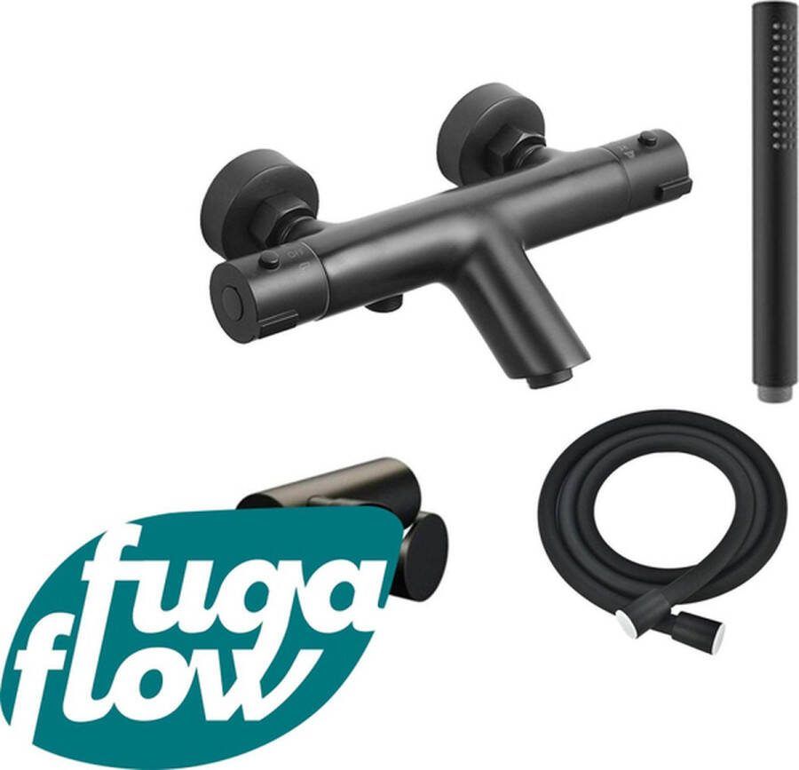 FugaFlow Efficiente Sobrado thermostatische bad- douchekraan met handdouchehouder doucheslang en staaf handdouche mat zwart