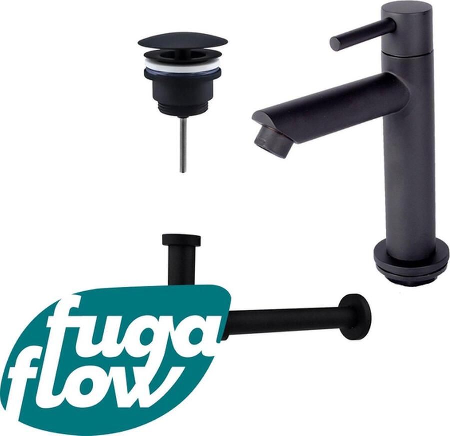 FugaFlow Eccelente Sobrado Badkamer fonteinkraanset met staande fonteinkraan laag always open plug en design sifon Mat Zwart
