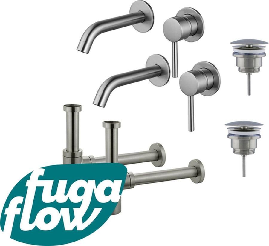 FugaFlow Eccelente Sobrado Badkamer Slim Wastafelkraanset voor dubbele wastafel inbouw wastafelkraan always open plug design sifon PVD Geborsteld RVS