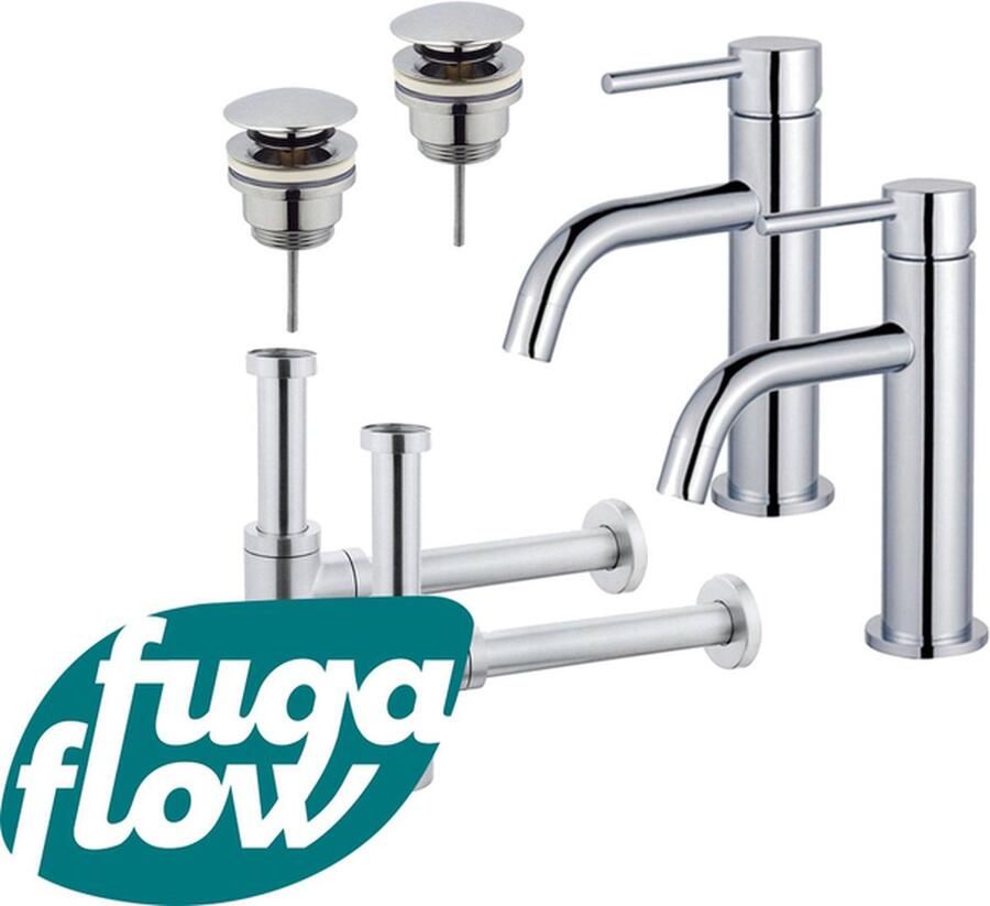 FugaFlow Eccelente Sobrado Badkamer Slim Wastafelkraanset voor dubbele wastafel lage wastafelkraan klikwaste plug design sifon Chroom