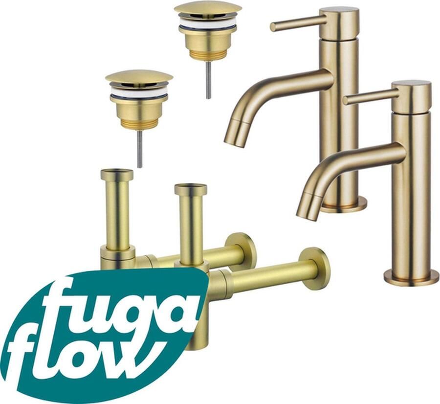 FugaFlow Eccelente Sobrado Badkamer Slim Wastafelkraanset voor dubbele wastafel lage wastafelkraan always open plug design sifon PVD Geborsteld Messing