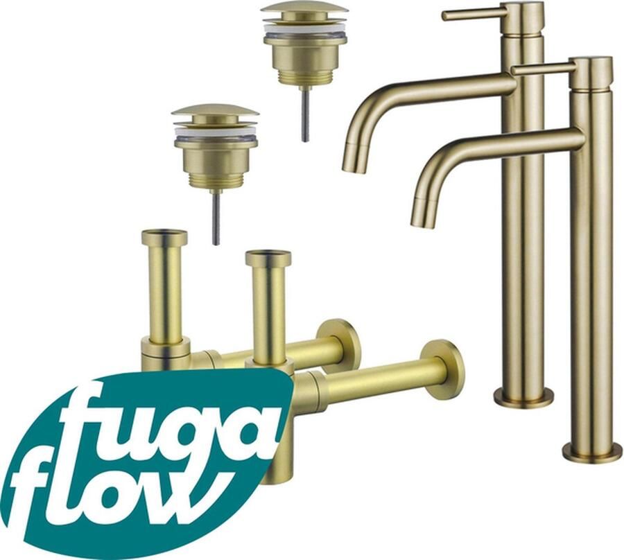 FugaFlow Eccelente Sobrado Badkamer Slim Wastafelkraanset voor dubbele wastafel verhoogde wastafelkraan klikwaste plug design sifon PVD Geborsteld Messing