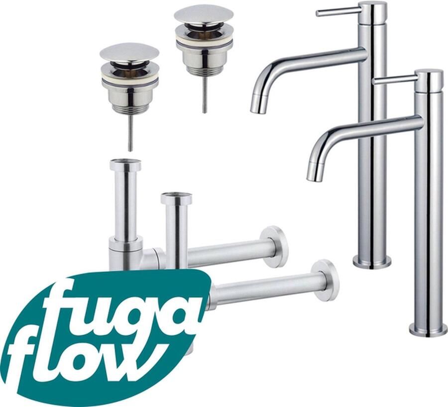 FugaFlow Eccelente Sobrado Badkamer Slim Wastafelkraanset voor dubbele wastafel verhoogde wastafelkraan klikwaste plug design sifon Chroom