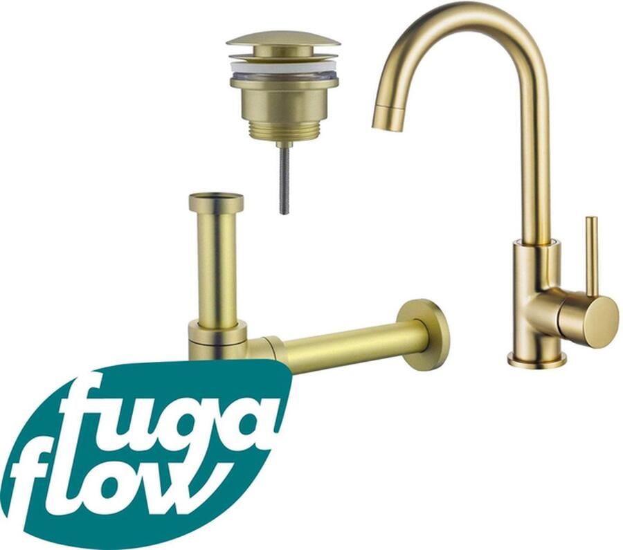 FugaFlow Eccelente Sobrado Badkamer Wastafelkraanset hoge wastafelkraan draaibare uitloop klikwaste plug design sifon PVD Geborsteld Messing
