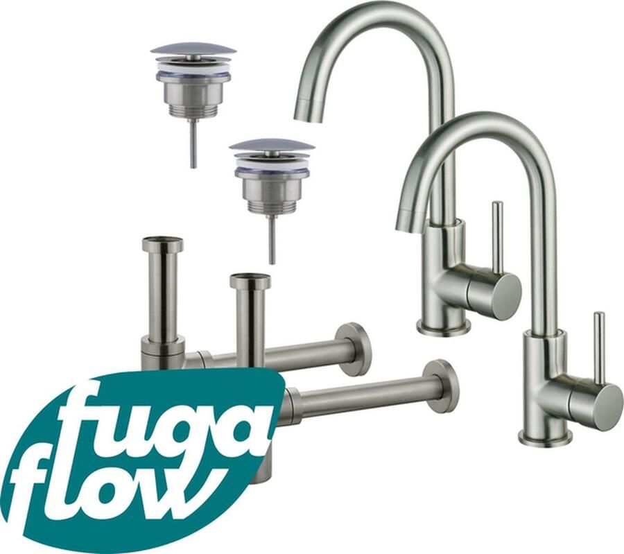 FugaFlow Eccelente Sobrado Badkamer Wastafelkraanset voor dubbele wastafel hoge wastafelkraan draaibare uitloop always open plug design sifon PVD Geborsteld RVS