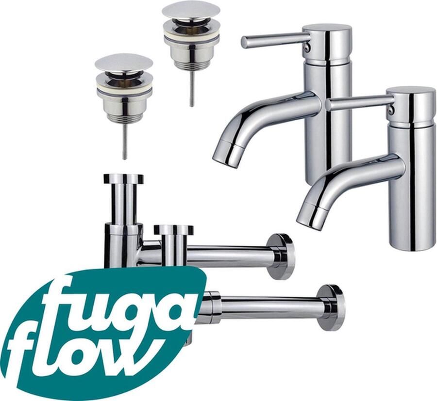 FugaFlow Eccelente Sobrado Badkamer Wastafelkraanset voor dubbele wastafel lage wastafelkraan klikwaste plug verlaagde design sifon Chroom
