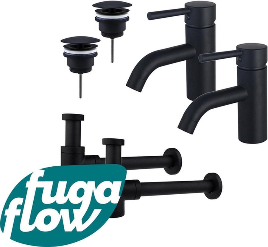 FugaFlow Eccelente Sobrado Badkamer Wastafelkraanset voor dubbele wastafel lage wastafelkraan always open plug verlaagde design sifon Mat zwart