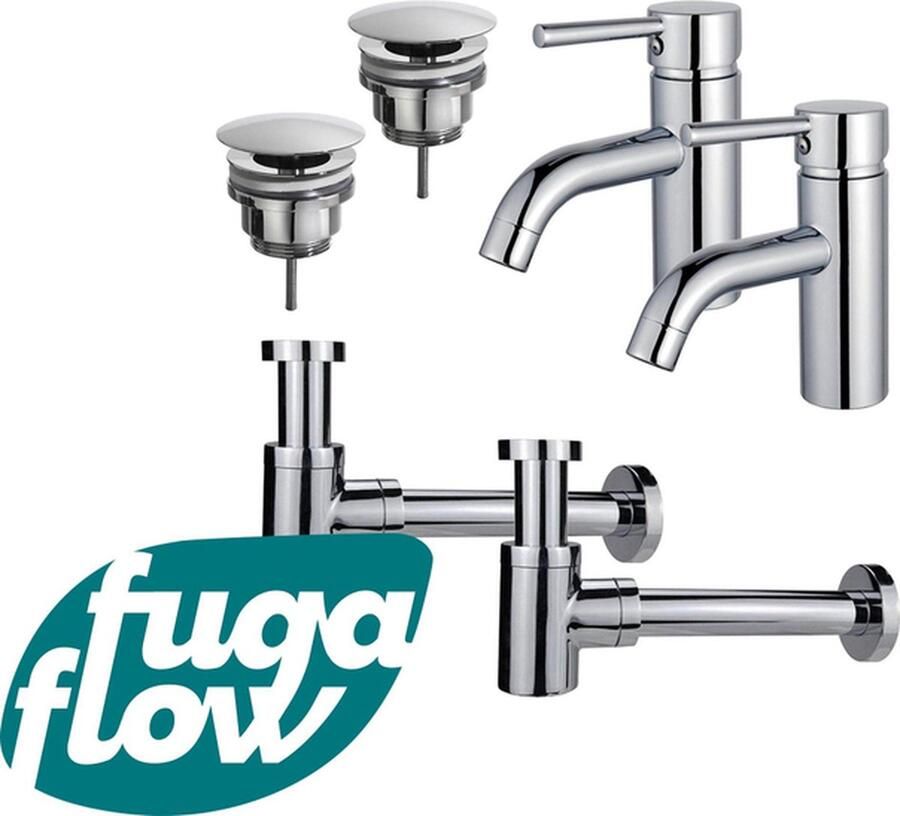 FugaFlow Eccelente Sobrado Badkamer Wastafelkraanset voor dubbele wastafel lage wastafelkraan always open plug verlaagde design sifon Chroom