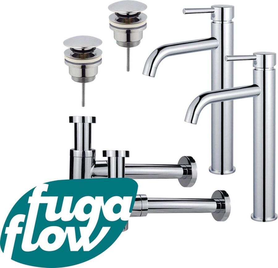 FugaFlow Eccelente Sobrado Badkamer Wastafelkraanset voor dubbele wastafel verhoogde wastafelkraan klikwaste plug verlaagde design sifon Chroom