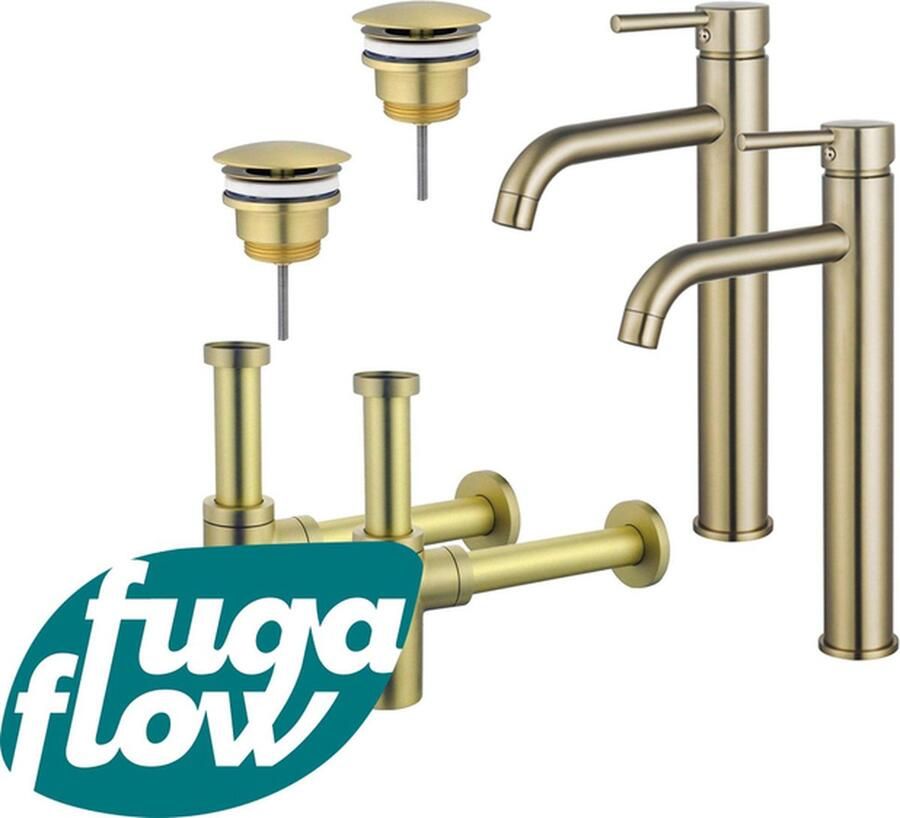 FugaFlow Eccelente Sobrado Badkamer Wastafelkraanset voor dubbele wastafel verhoogde wastafelkraan always open plug design sifon PVD Geborsteld Messing