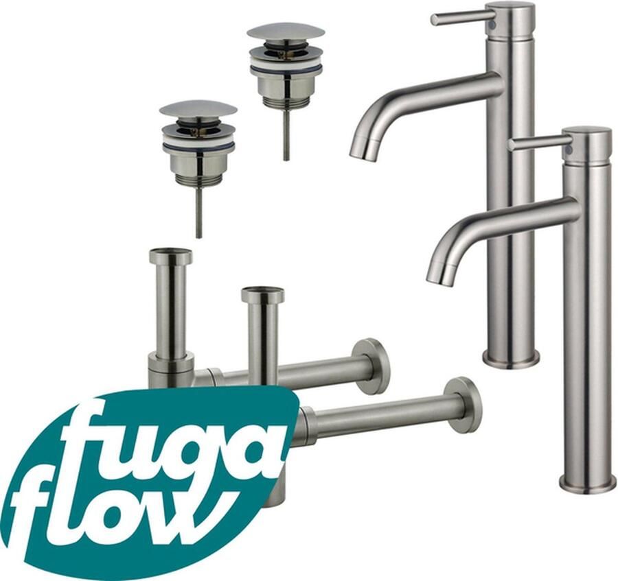 FugaFlow Eccelente Sobrado Badkamer Wastafelkraanset voor dubbele wastafel verhoogde wastafelkraan klikwaste plug design sifon PVD Geborsteld RVS