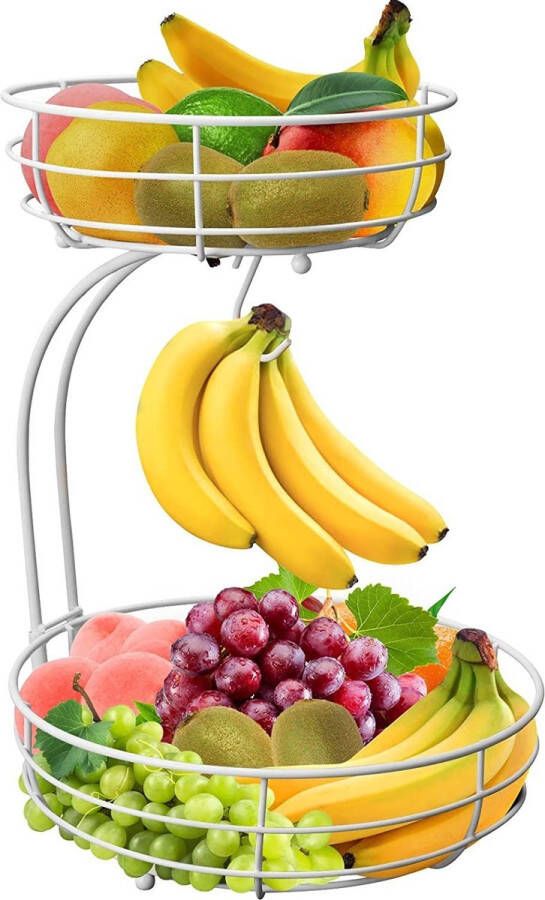 Fuleadture Fruitmand met Bananenhouder Rond 2-Laags Wit Fruitschaal Metaal