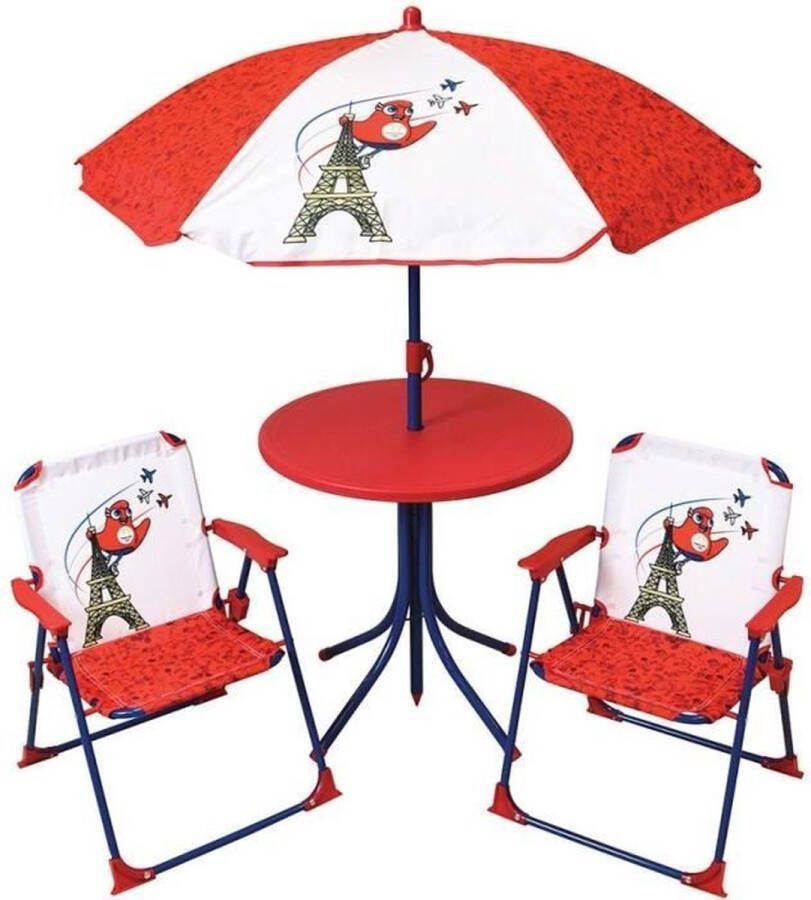 Fun House Tuinmeubelen Parijs 2024 Olympische Spelen Tafel 46 x 46 cm 2 klapstoelen parasol 125 x 100