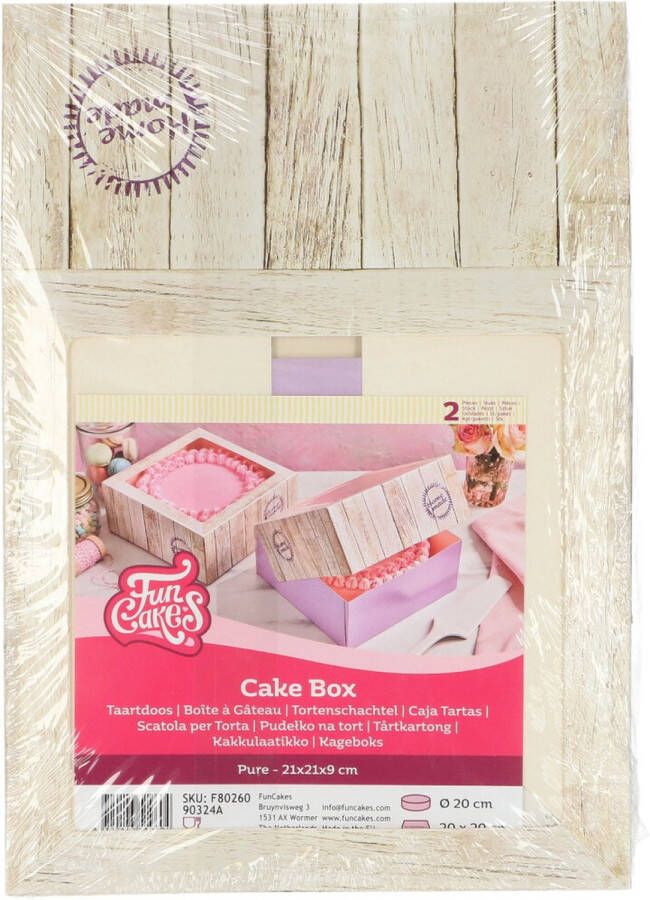 FunCakes Pure Taartdoos Karton Gebaksdoos met Venster Houtlook 2 Stuks 21x21x9 cm