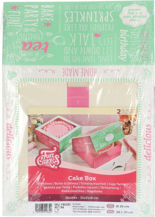 FunCakes Taartdoos met Venster Gebaksdoos Karton Quotes Groen Roze 2 Stuks 21x21x9 cm
