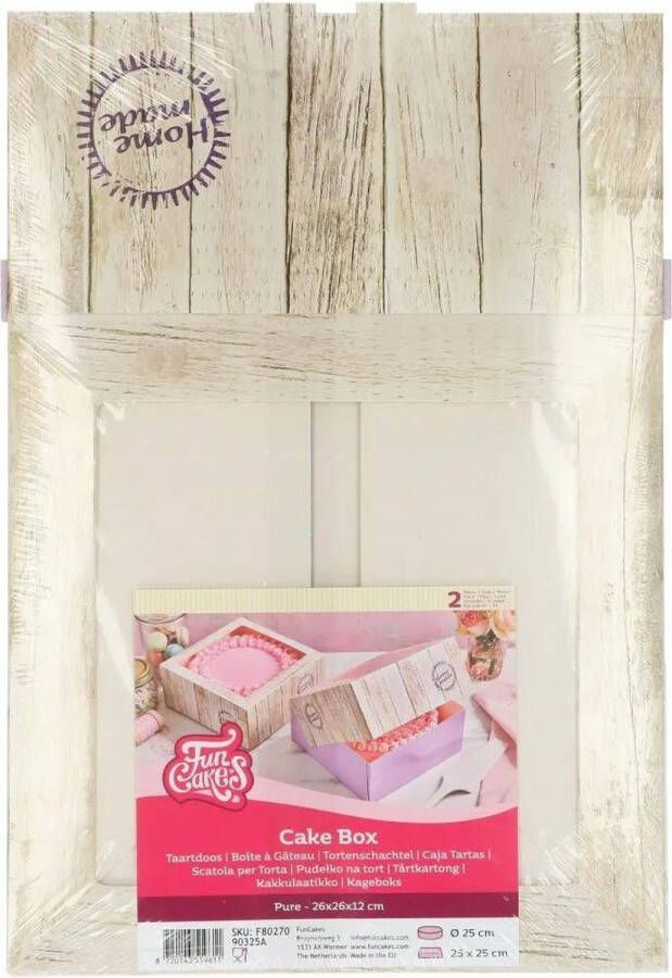 FunCakes Pure Taartdoos Karton Gebaksdoos met Venster Houtlook 2 Stuks 26x26x12 cm