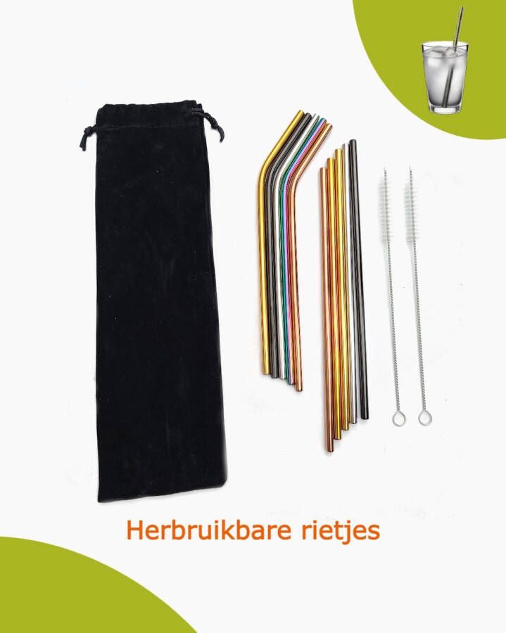 FunFuel Set met 10 Herbruikbare Rietjes (5 recht en 5 gebogen) 2 Rietjes Borstels en Handige Opbergzak Metalen Rietjes Duurzaam en Stijlvol voor Elke Cocktail