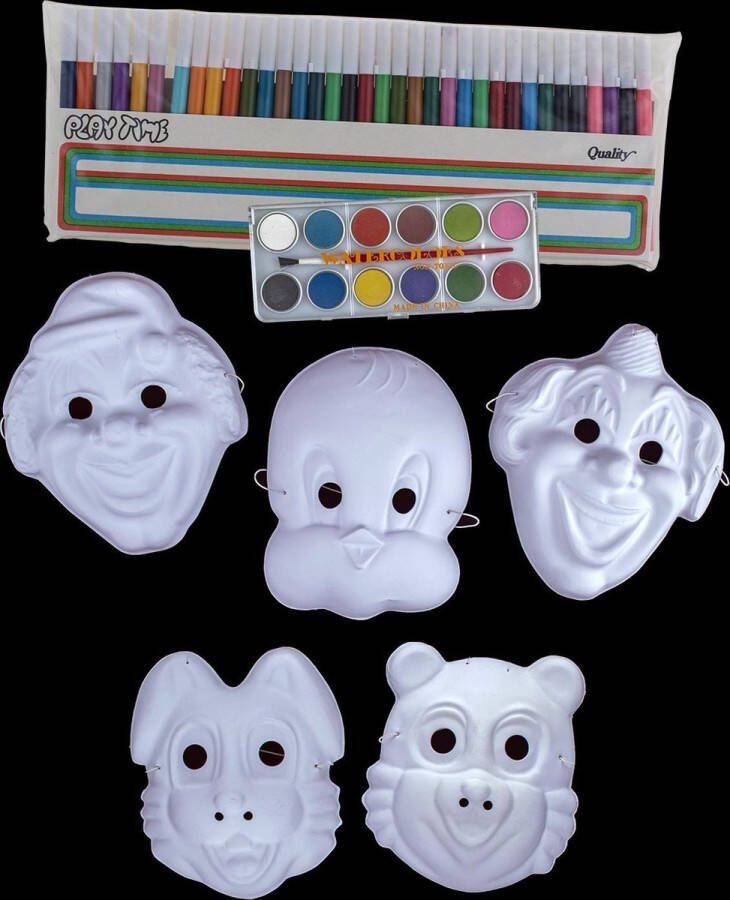 Funny Fashion 10 witte kindermaskers thema dieren om te schilderen kleuren + palet waterverf 12 kleuren met penseel + 36 viltstiften knutselen met kinderen