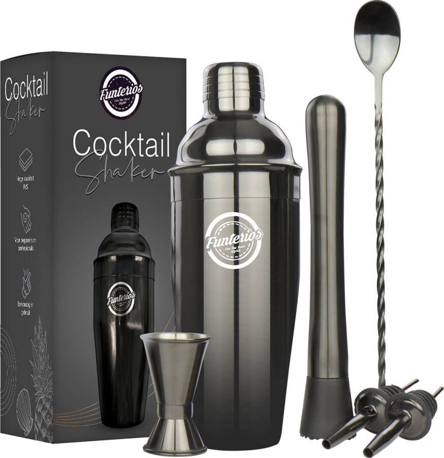 Funterios Cocktail Shaker Set 6 Delig – 750ML Geschenkverpakking RVS – Zwart – Mix Shake & geniet!