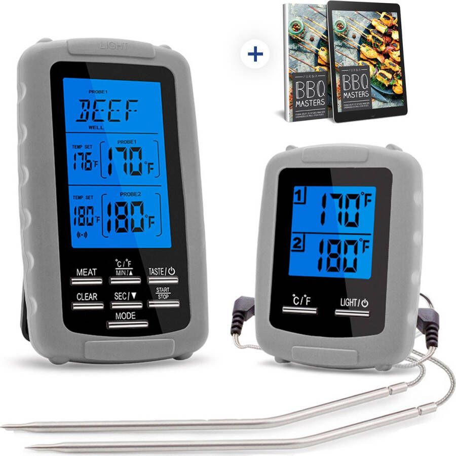 FURNA Vleesthermometer Digitaal & BBQ thermometer draadloos in 1 BBQ accesoires Meater Draadloos & Digitaal BBQ accesoires Meater Draadloos Met Timer & Kerntermometer Incl. E-book