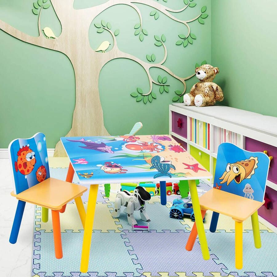 Furnibella -3-delige kinderzitgroep kindertafel met 2 stoelen zitgroep voor kinderen kleuters kindermeubel oceaan bedrukte kindertafel set