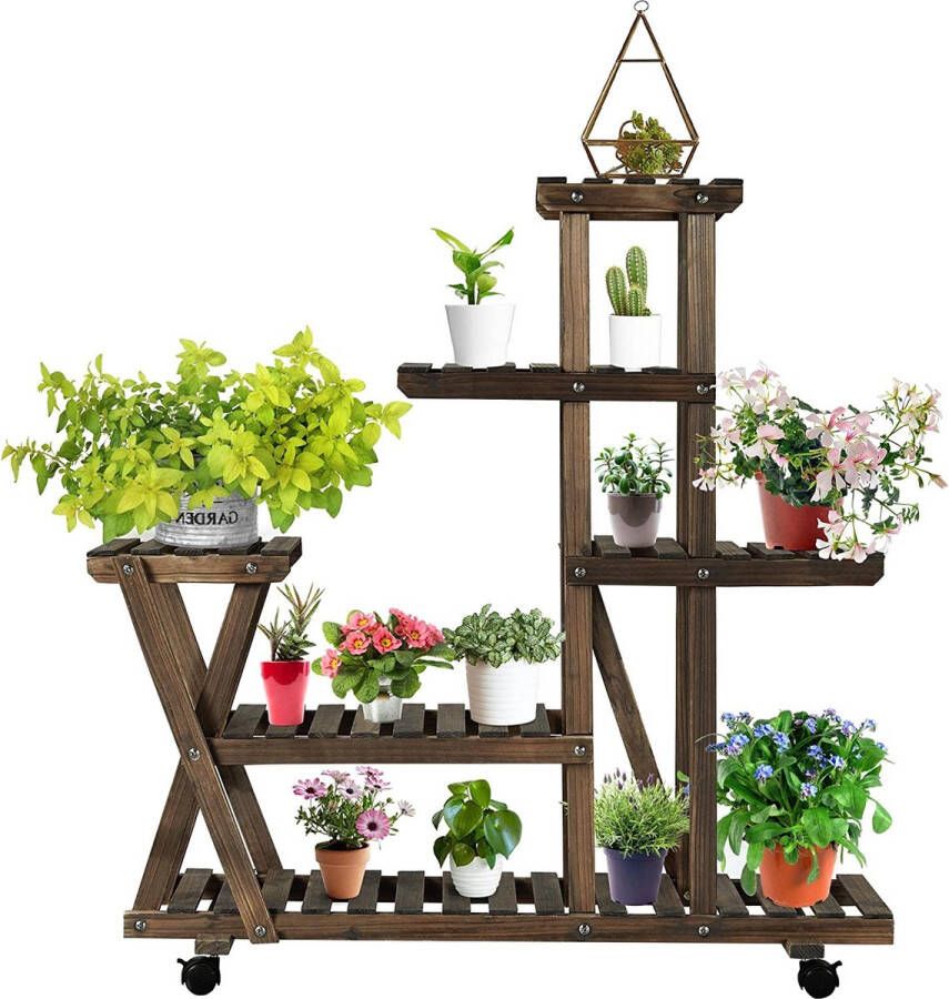 Furnibella a Plantenrek houten bloemenstandaard met wieltjes plantentrap bloemenrek voor de tuin balkon bloementrap houten rek meerdere verdiepingen 97 x 33 x 101 cm