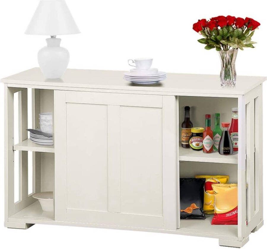 FURNIBELLA Keukenkast opbergkast met opbergruimte en schuifdeuren consoletafel dressoir keukencommode vrijstaande kast buffetkast bijzetkast keukenmeubel wit