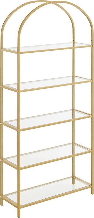 Furnibella plank 5 niveaus boekenkast gehard glas staand rek opbergplank gebogen metalen structuur voor woonkamer slaapkamer studeerbadkamer gouden kleur