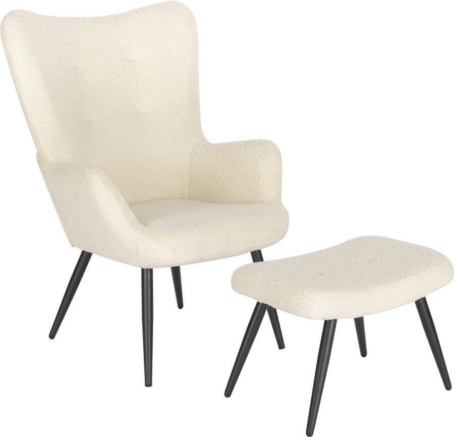Furnibella Relaxstoel leunstoel vintage retro gestoffeerde stoel met kruk televisiestoel oorfauteuil sherpa fleece crèmewit SKS29 cm
