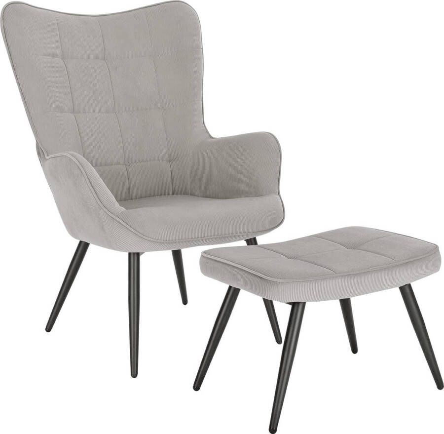 Furnibella Relaxstoel leunstoel vintage retro stoel gestoffeerde stoel met kruk TV fauteuil oorfauteuil corduroy lichtgrijs SKS28hgr