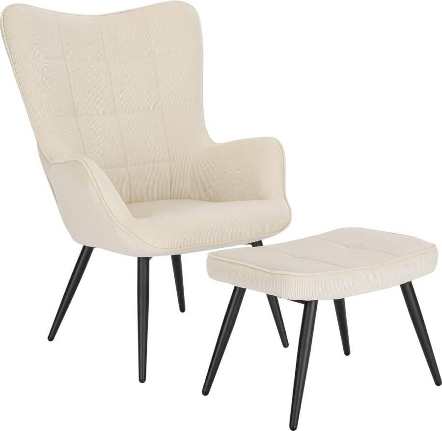 Furnibella Relaxstoel leunstoelen vintage retro stoel gestoffeerde stoel met kruk televisiestoel oorfauteuil corduroy wit SKS28cm