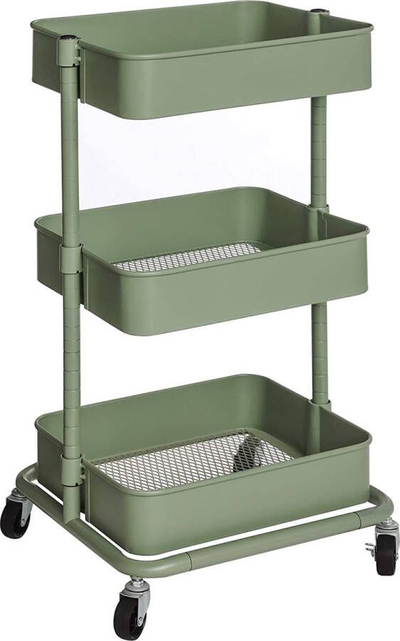Furnibella SONGMICS Trolley met 3 niveaus opbergwagen keukenplank met wielen in hoogte verstelbare rekken serveerwagen met 2 remmen eenvoudige montage voor badkamer keuken kantoor grijsgroen BSC060C01