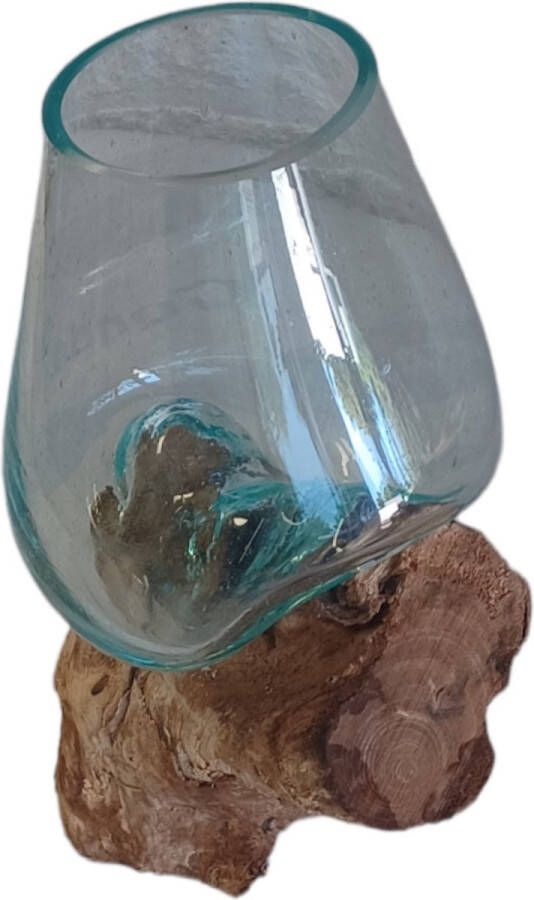 Furnilux Glas gesmolten op teakhout Vaas op Hout Viskom Middel