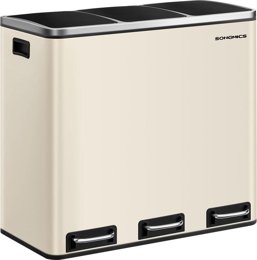 FurnStar Keukenbak 3 x 18L Recyclingbak Vuilnisbak met 3 compartimenten voor recycling Afval Voedselresten Soft-Close Deksels Pedalen Binnenemmers Staal Zandbeige