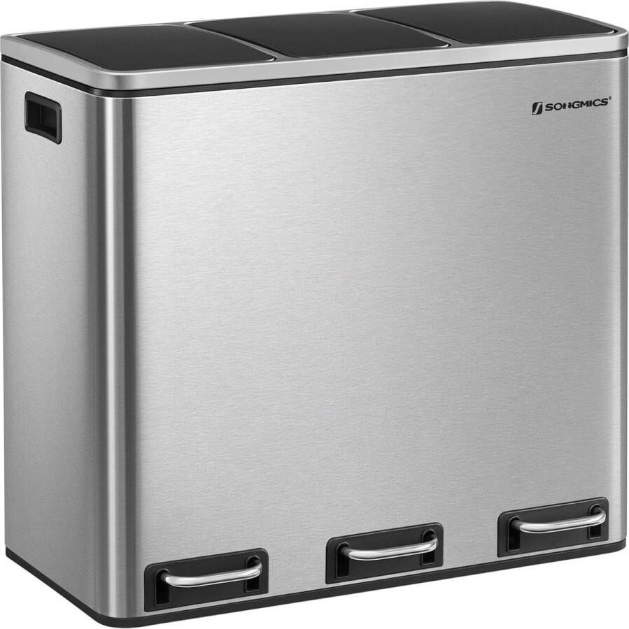 FurnStar Keukenbak 3 x 18L Recyclingbak Vuilnisbak met 3 compartimenten voor recycling Afval Voedselresten Soft-Close Deksels Pedalen Binnenemmers Staal Zilver