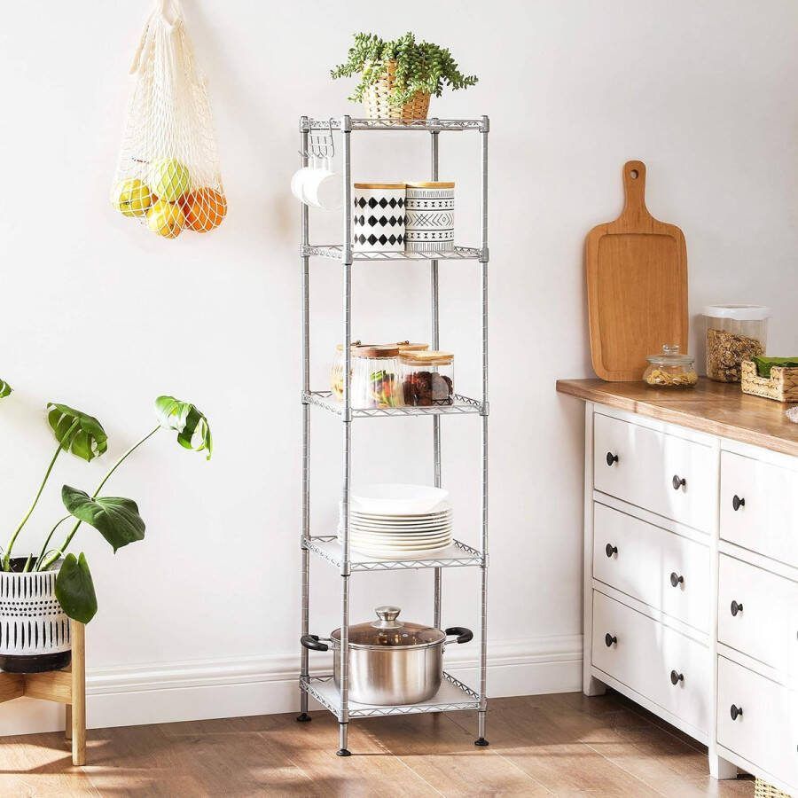 FurnStar Opbergrek Metalen opbergrek Totaal draagvermogen 100 kg met 5 PP-platen Afneembare haken 30 x 30 x 123 5 cm Uitbreidbaar ontwerp voor kleine ruimte Zilver