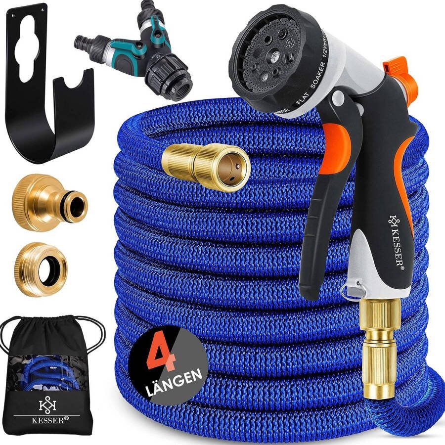 FurnStar Premium tuinslang verlengde muurbevestiging flexibele waterslang met 3-weg latex kern rekbaar flexibele slangschroefverbindingen gemaakt van hoogwaardig messing 22 5 meter Blauw