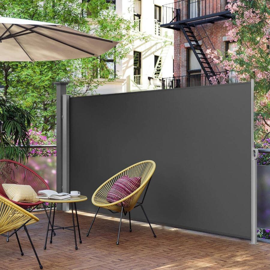 FurnStar SONGMICS Zijluifel Met Stalen Bak Windscherm Roestbestendig Uitschuifbaar Zonnescherm Privacyscherm Ponwering Voor Balkon Terras Tuin 180 x 450 cm Antraciet