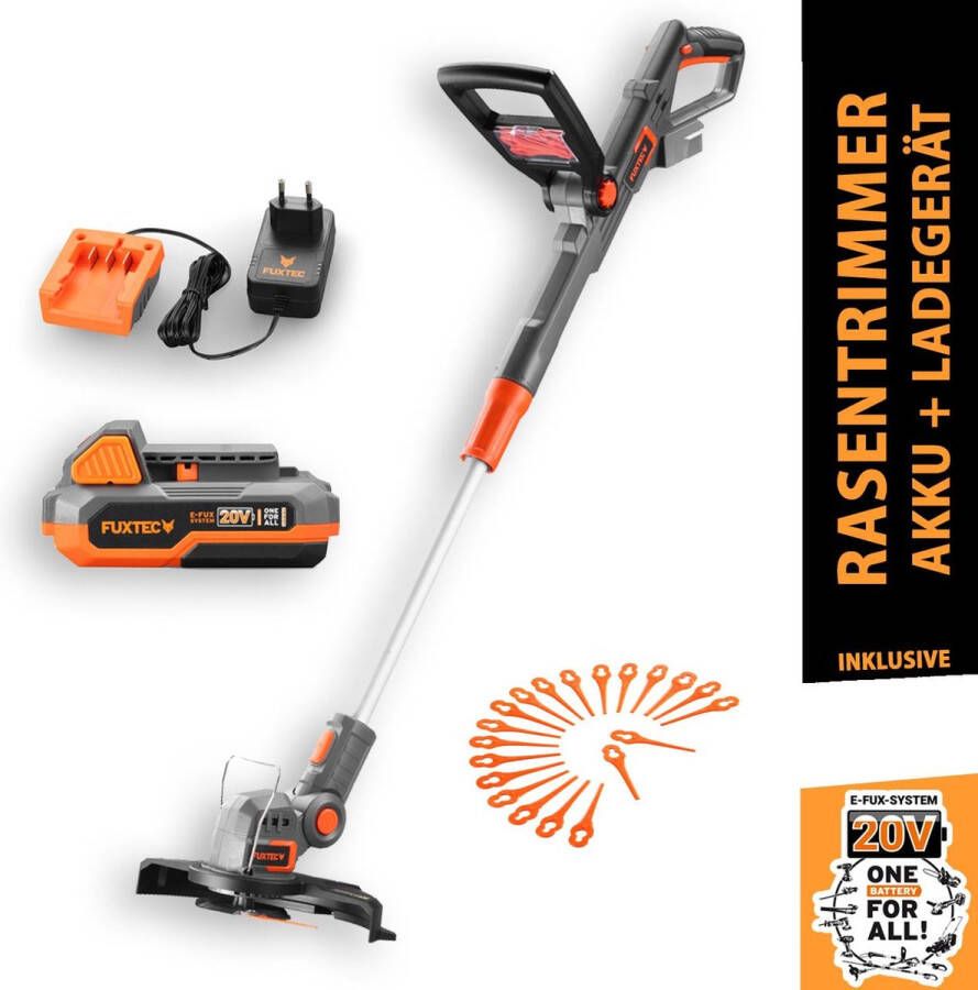 FUXTEC bosmaaier accu 20V grastrimmer set met batterij (2A) lader (2 4A) en reservemesjes (20 stuks)