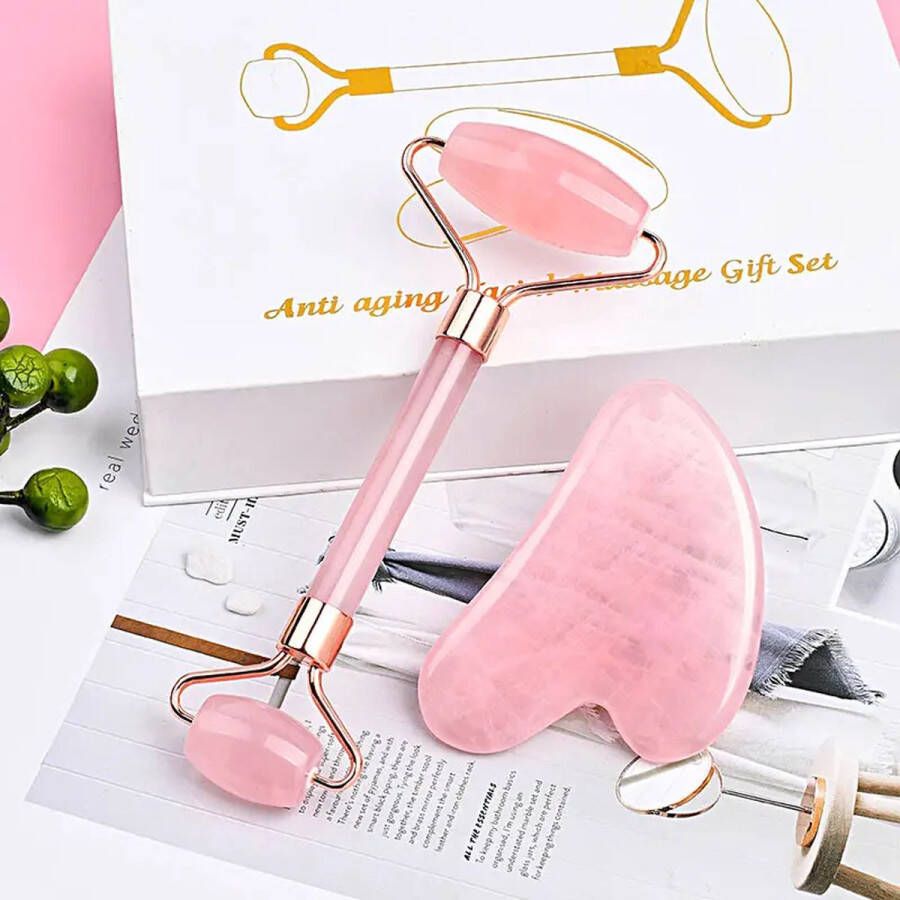 Fuzi Tools Jade Roller + Gua Sha Set 100% Natuurlijke Rose Quartz Gezichtsroller Face Roller Gezichtsmassage Beauty Set