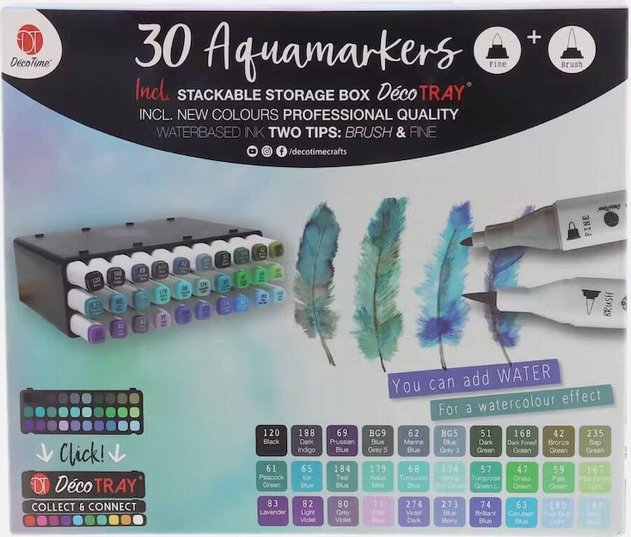 Fvgtrading 60 Aquamarkers | Waterverfstiften | Twinmarkers | Stapelbare boxen | Inkt op waterbasis | Aquarel | Hobby | Adult coloring | Kleuren | 2 Punten smal&dik | Diverse kleuren