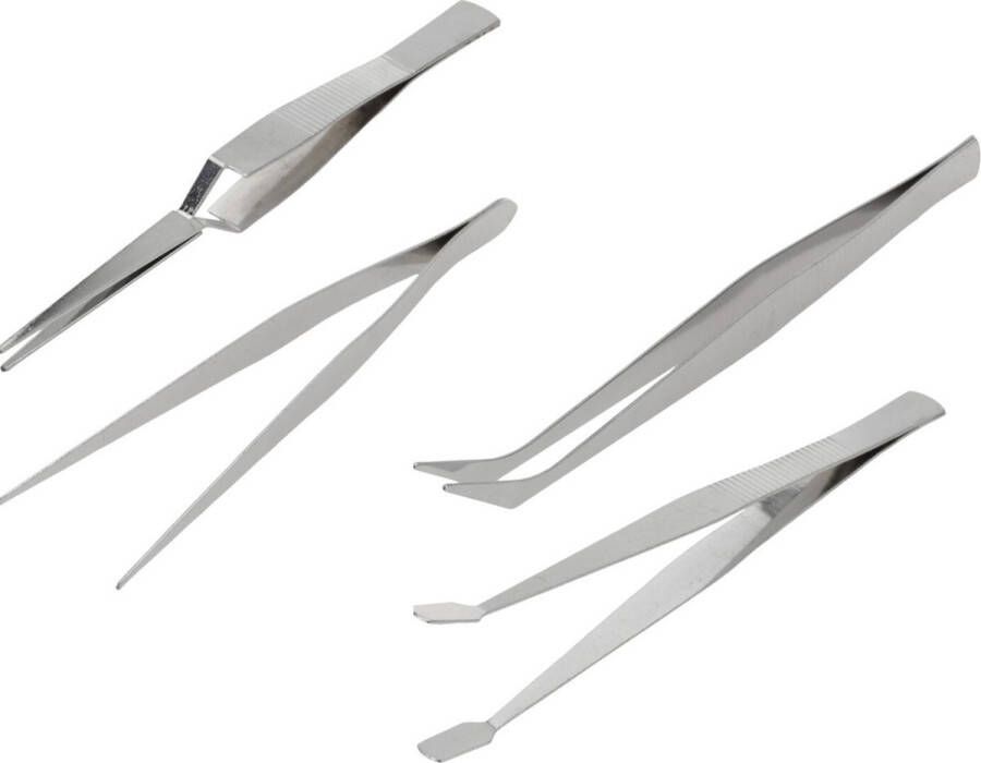 FX Tools Pincetten set 4-delig zilver RVS metaal verschillende toepassingen Pincetten